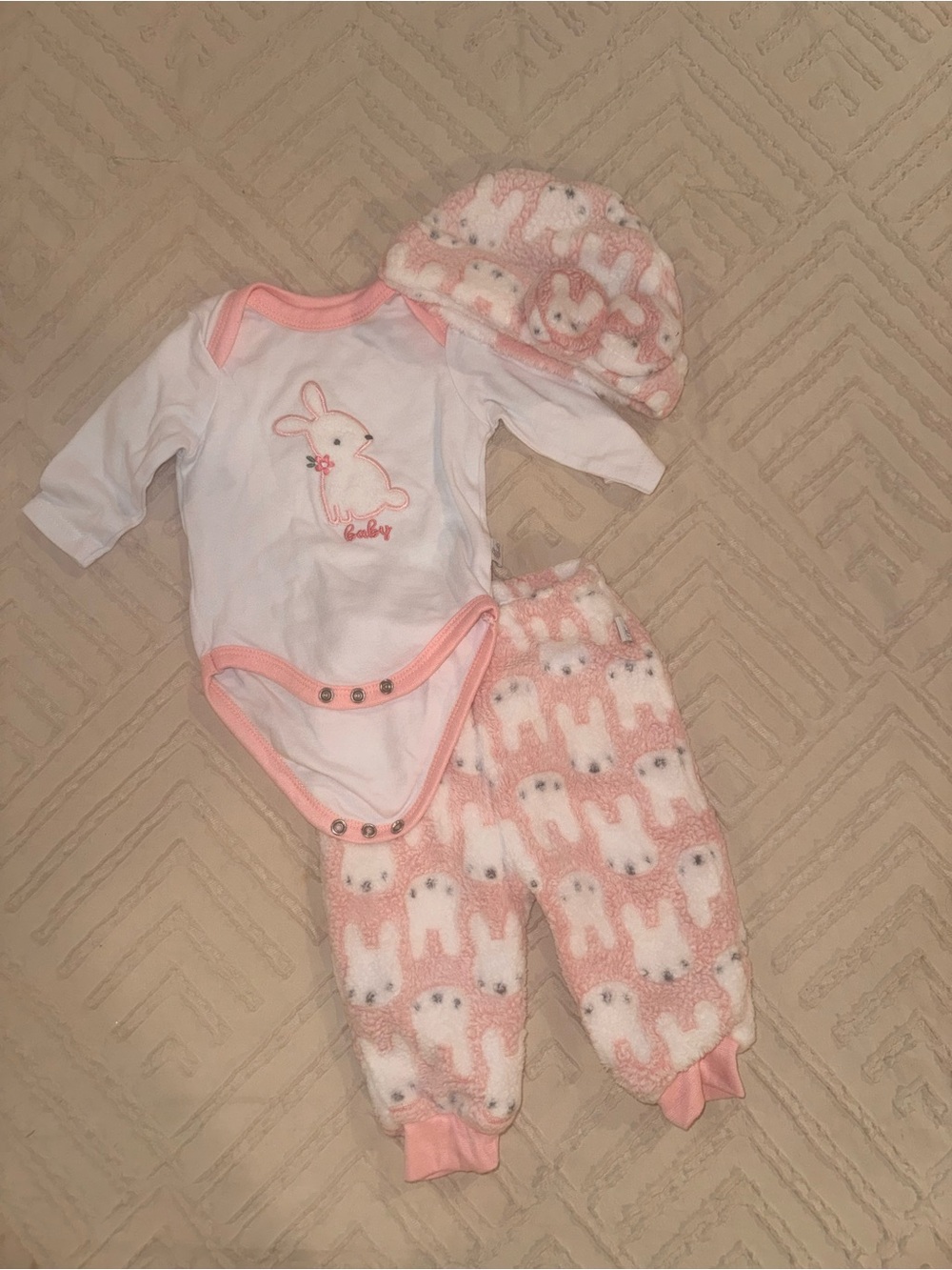 Pink Bunny 3-Piece Baby Bodysuit Set with Hat and Pants